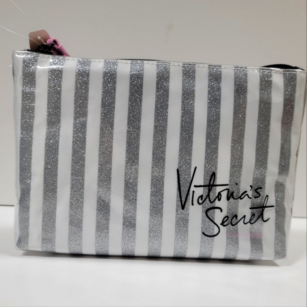 NWT White & Silver Stripped Makeup or Intimates Bag